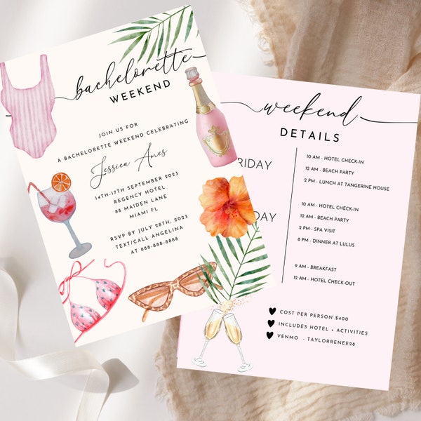 Tropical Getaway Bachelorette Party Invitation Template | Bikini Bachelorette Itinerary | Desert Pool Party | Beach Bachelorette Invite