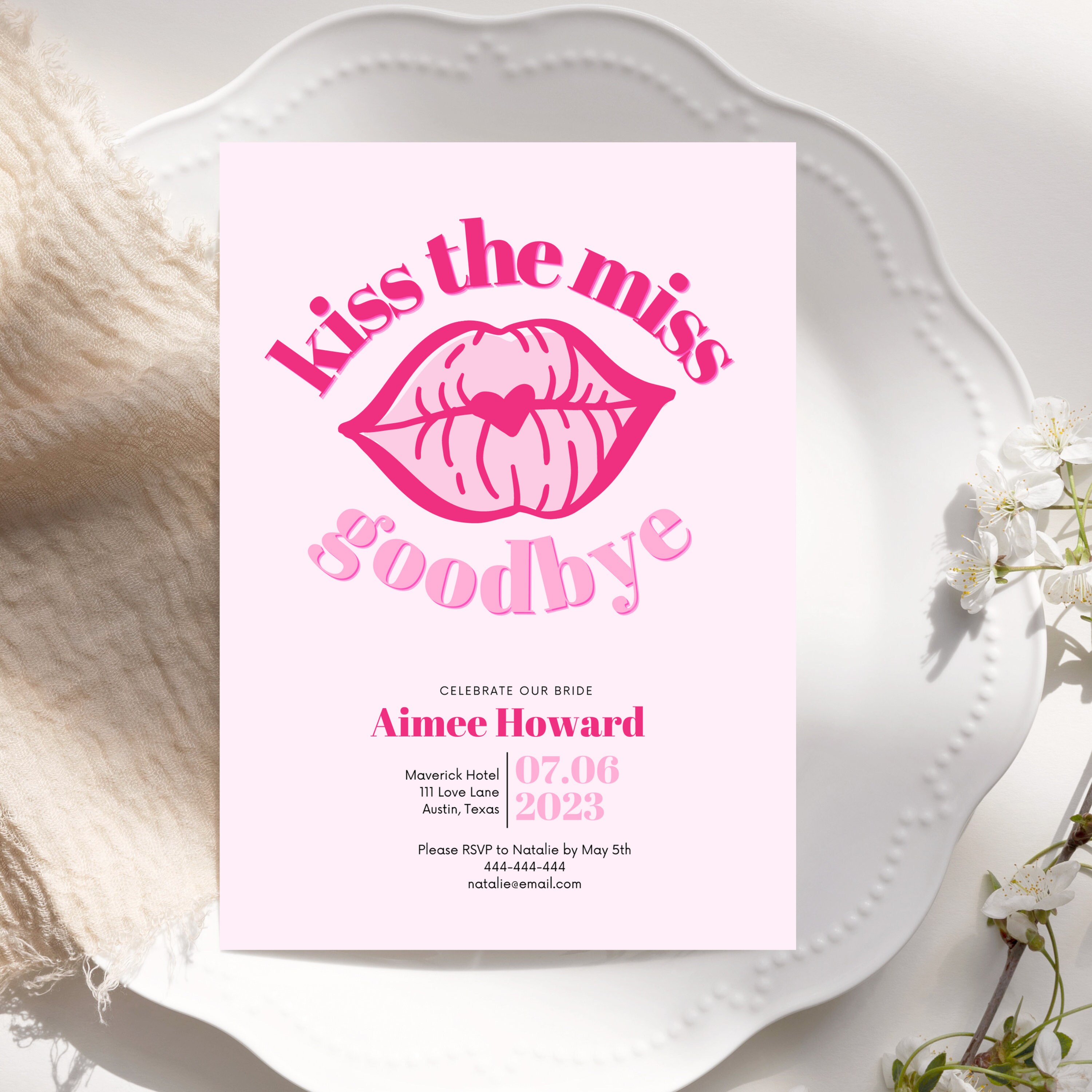 Kiss the Miss Goodbye Bachelorette Invitation, Bachelorette Party ...