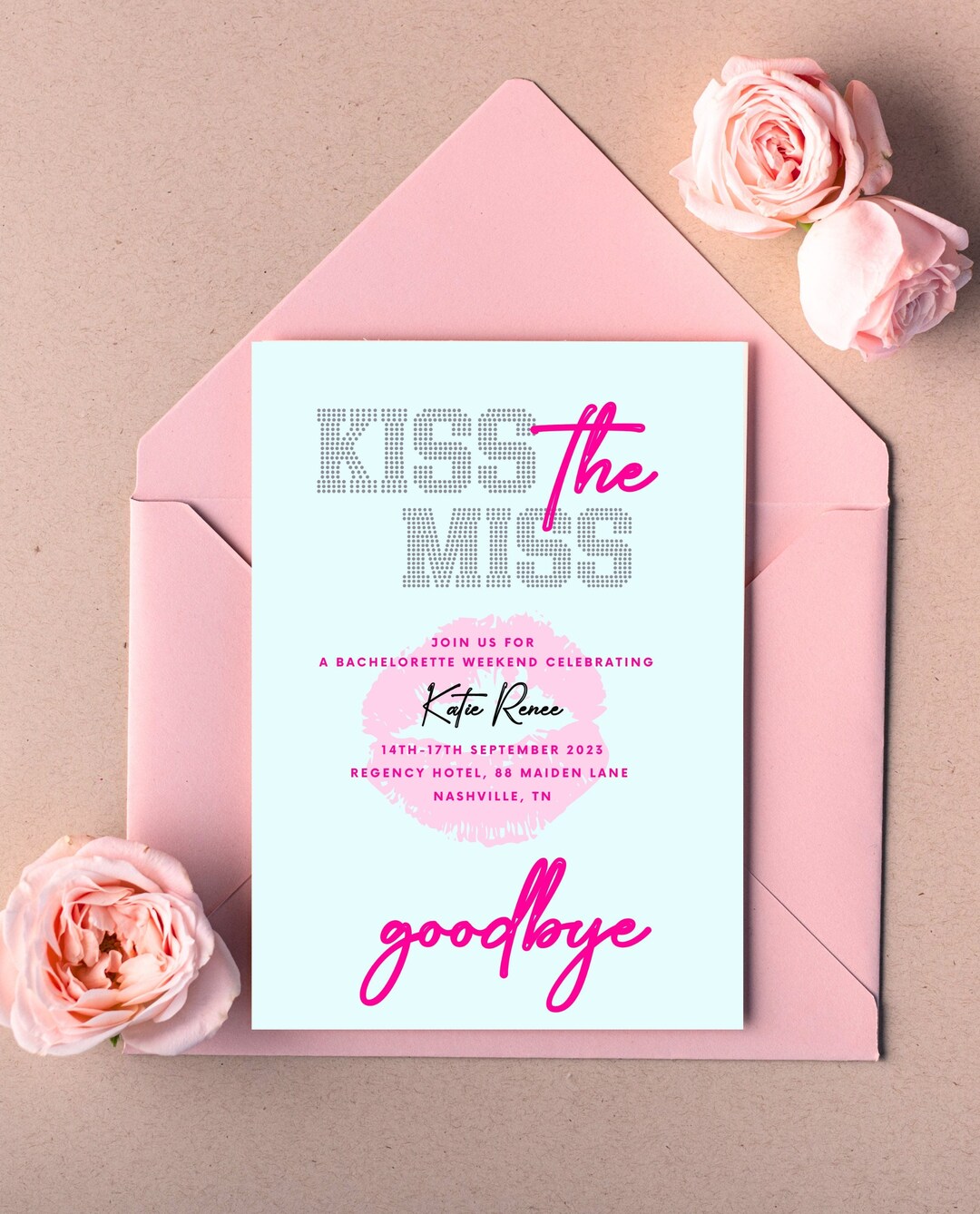 Kiss the Miss Goodbye Bachelorette Party Printable Invite, Pink ...