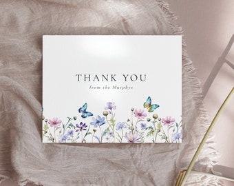 Modèle de carte de remerciement modifiable de fleurs sauvages de couleur bleue | Fleurs violettes | Carte d'invitation imprimable | Téléchargement instantané de Templett