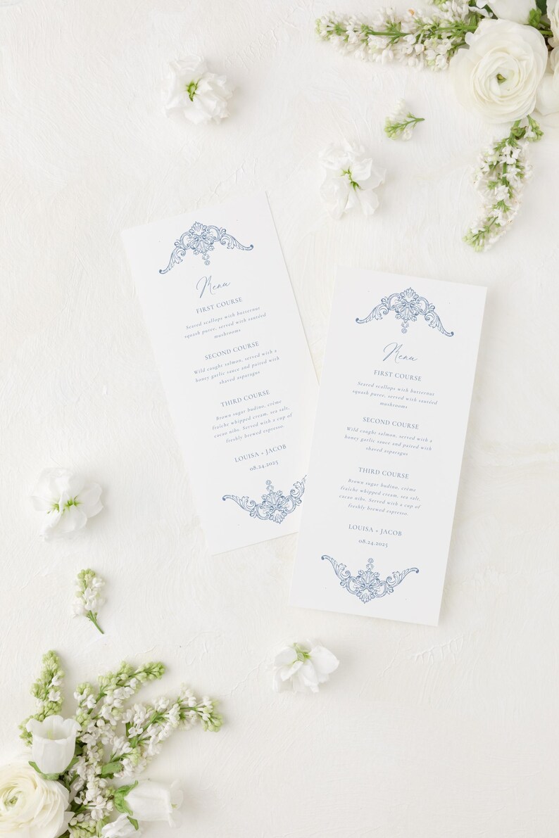 Menu First Course Layout Editable Wedding Menu Blue Baroque Victorian Name Template Menu Card ...