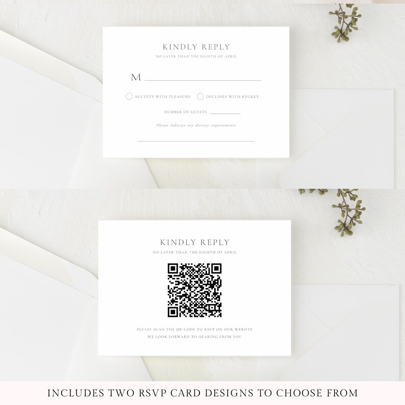 Modelo de convite para suíte de casamento com monograma e brasão do CISNE BRANCO editável | Informações do cartão RSVP com código QR, 3 peças para impressão | Download instantâneo da Templett imagem 4