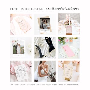 May include: A collage of wedding-themed images, including invitations, table settings, and bridal accessories. The text "FIND US ON INSTAGRAM @popdesignshoppe" is at the top. The bottom text reads "OR BROWSE OUR PINTEREST FOR PARTY DECOR INSPO (LINK IN DESCRIPTION)".