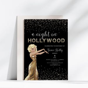 A Night in Hollywood Birthday Party Invite, Old Hollywood Glitter Printable, Vintage Glam, Instant Download, Canva Editable