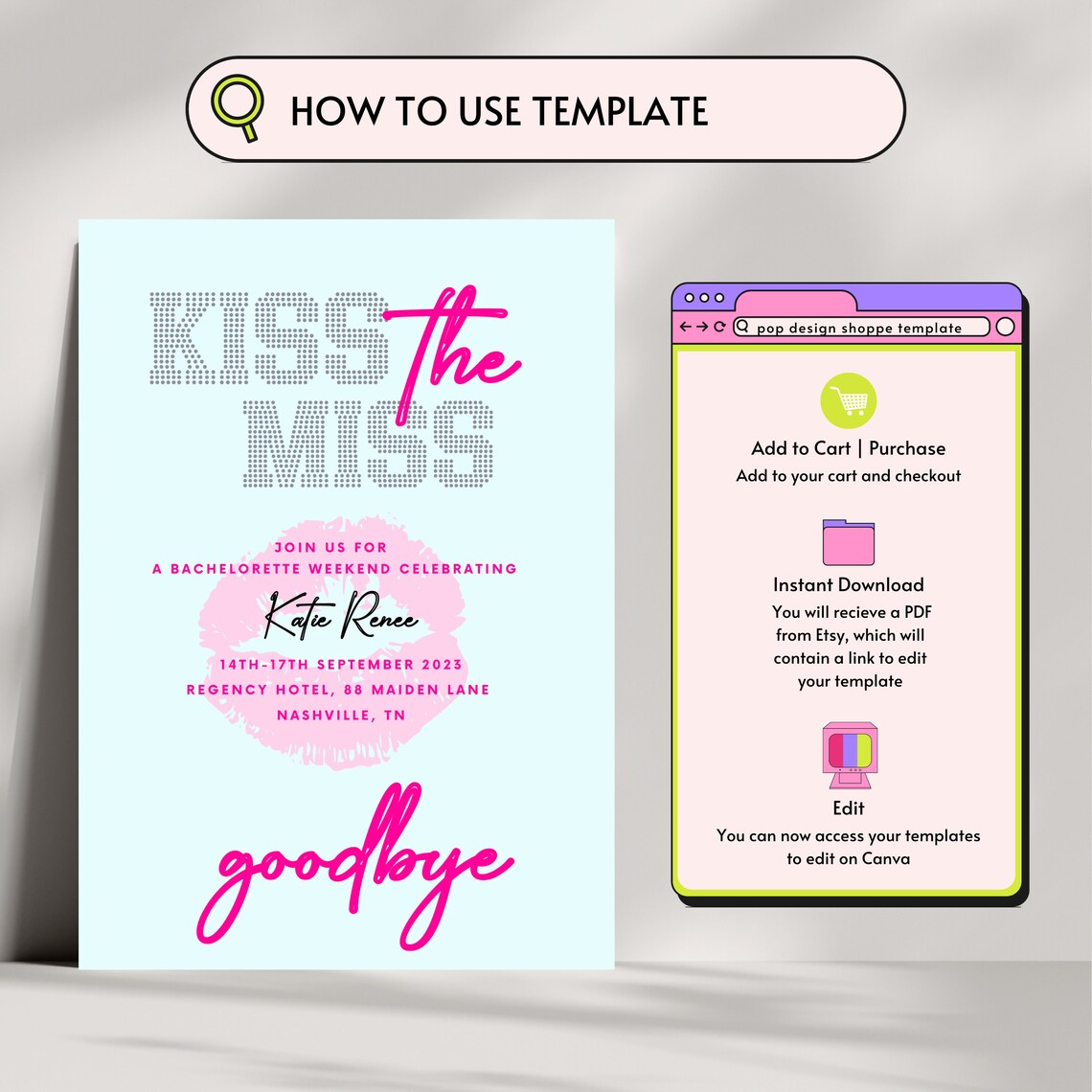 Kiss the Miss Goodbye Bachelorette Party Printable Invite, Pink ...