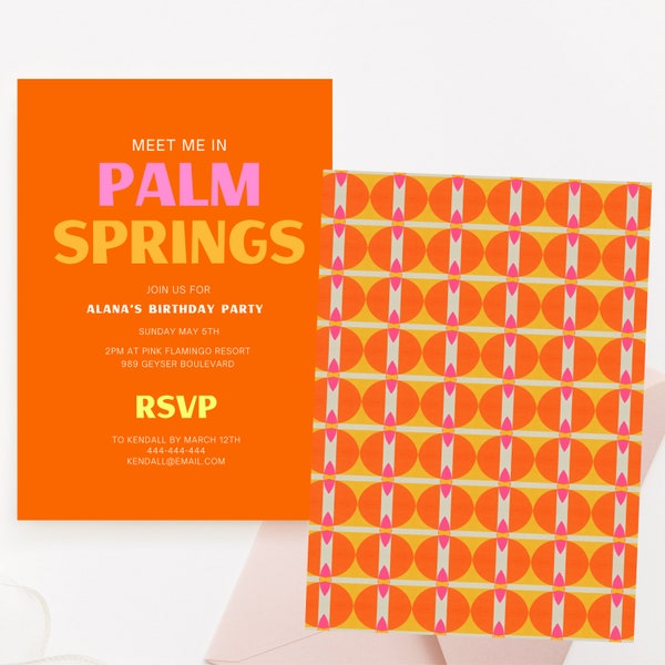 Palm Springs Jewel Birthday Invitation | Mid Century Birthday Invite | Pattern Orange Yellow Party Invitation | Canva Invite Template