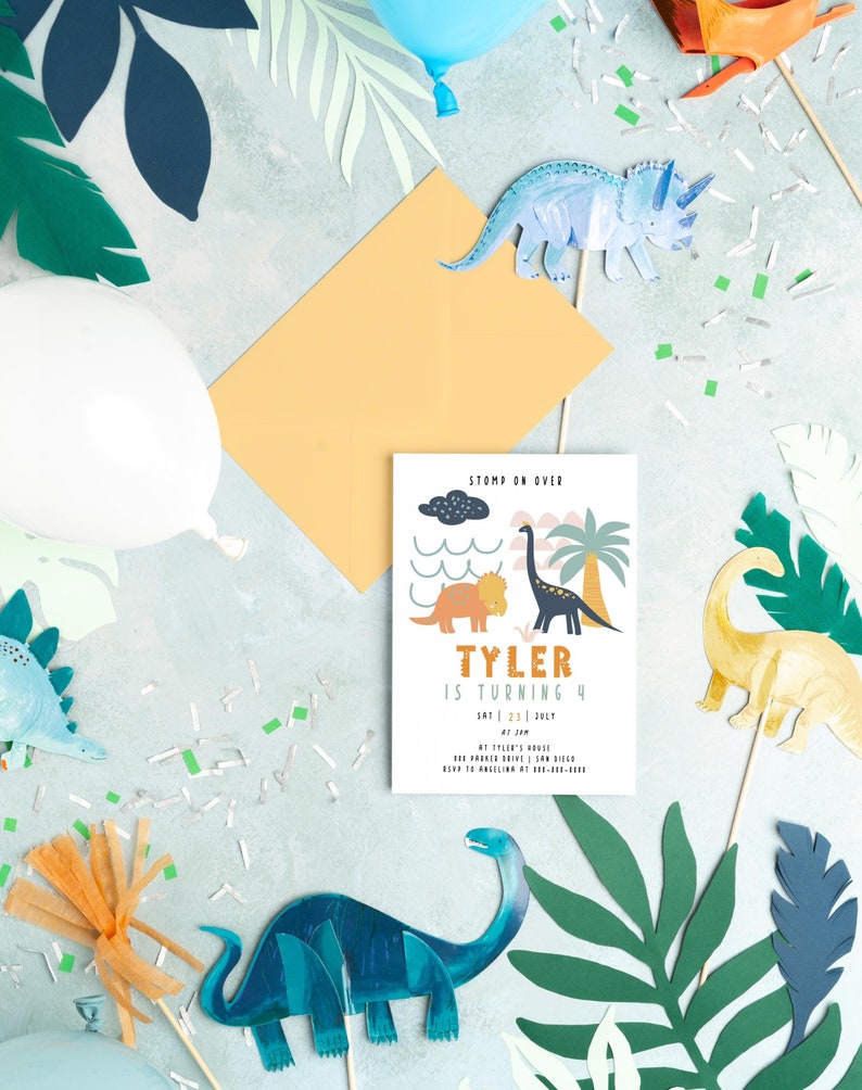 Editable Dinosaur Birthday Boy Invitation Template modern Neutral ...