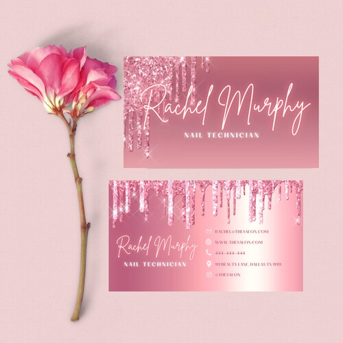 Editable Pink Dripping Glitter Stylish Business Card Template Etsy