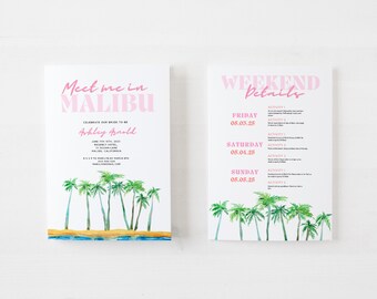Pode incluir: Um cartão de convite rosa e branco com o texto "Meet me in Malibu" e "Weekend Details". O cartão de convite apresenta uma ilustração em aquarela de palmeiras e uma cena de praia.