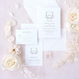Modelo de convite para suíte de casamento com monograma e brasão do CISNE BRANCO editável | Informações do cartão RSVP com código QR, 3 peças para impressão | Download instantâneo da Templett imagem 3