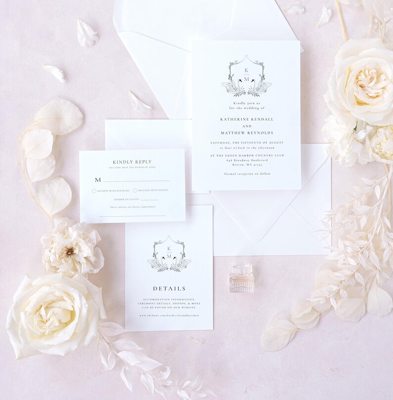 Modelo de convite para suíte de casamento com monograma e brasão do CISNE BRANCO editável | Informações do cartão RSVP com código QR, 3 peças para impressão | Download instantâneo da Templett imagem 3