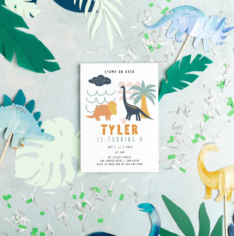 Editable Dinosaur Birthday Boy Invitation Template modern Neutral ...