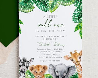 May include: A baby shower invitation with a jungle theme. The invitation features a watercolor illustration of a zebra, lion, elephant, and giraffe with green leaves. The text reads "A little wild one is on the way. Join us for a baby shower in honor of Charlotte Delorney. Saturday, August 15th 2026 at 3'oclock in the afternoon. 883 Beverly Drive, Beverly Hills, California. rsvp at 888-888-8888"