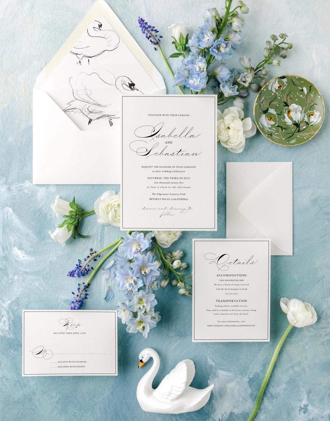 Editable Black Swan Romantic Script Modern Wedding Suite Invitation ...