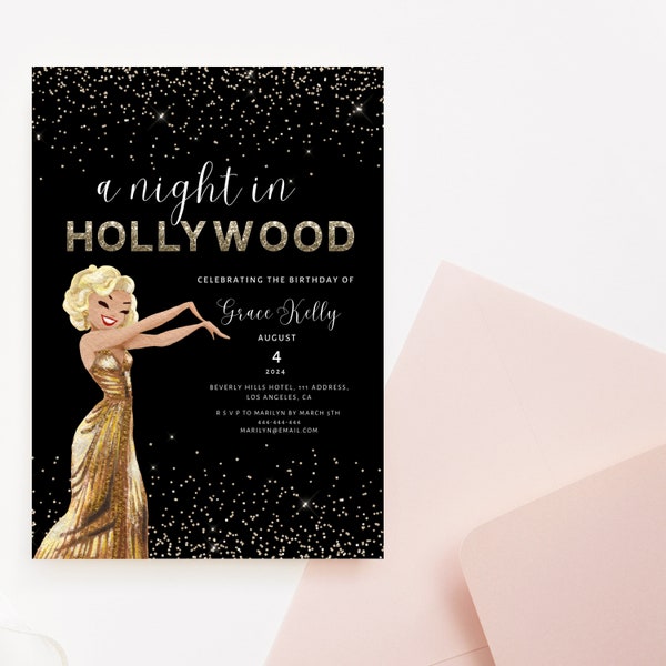 A Night in Hollywood Birthday Party Invite, Old Hollywood Glitter Printable, Vintage Glam, Instant Download, Canva Editable