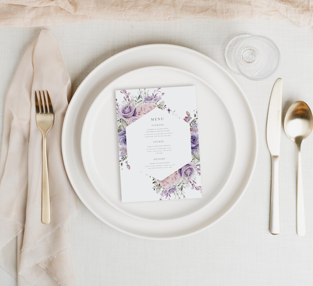 Floral Menu Lilac Purple Rose Flowers Frame Wedding Event Menu Template ...