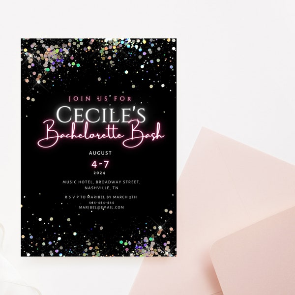 Holographic Glitter Bachelorette Invitation, Silver Sparkle Bachelorette Invite, Instant Download, Bridal Bachelorette Party, Canva Editable