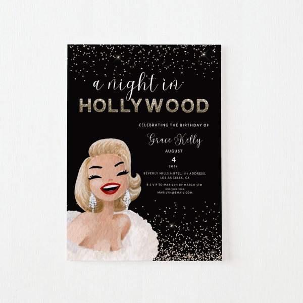 A Night in Hollywood Birthday Party Invite, Old Hollywood Glitter Printable, Vintage Glam, Instant Download, Canva Editable