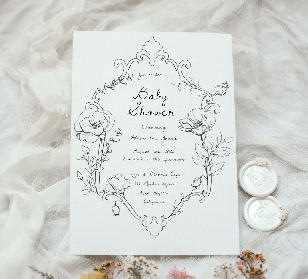 Editable Floral Sketched Script Baby Shower Invitation Template | Wren ...