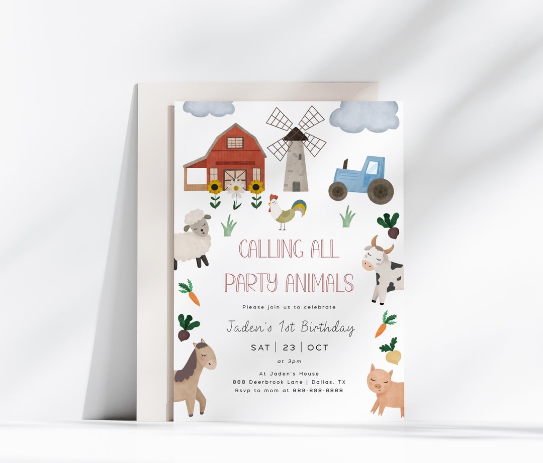 Editable Farm Animals Birthday Boy Girl Invitation Template | Farmer ...