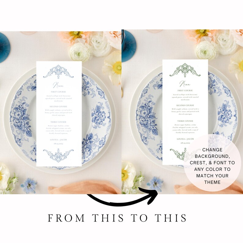 Menu First Course Layout Editable Wedding Menu Blue Baroque Victorian Name Template Menu Card ...
