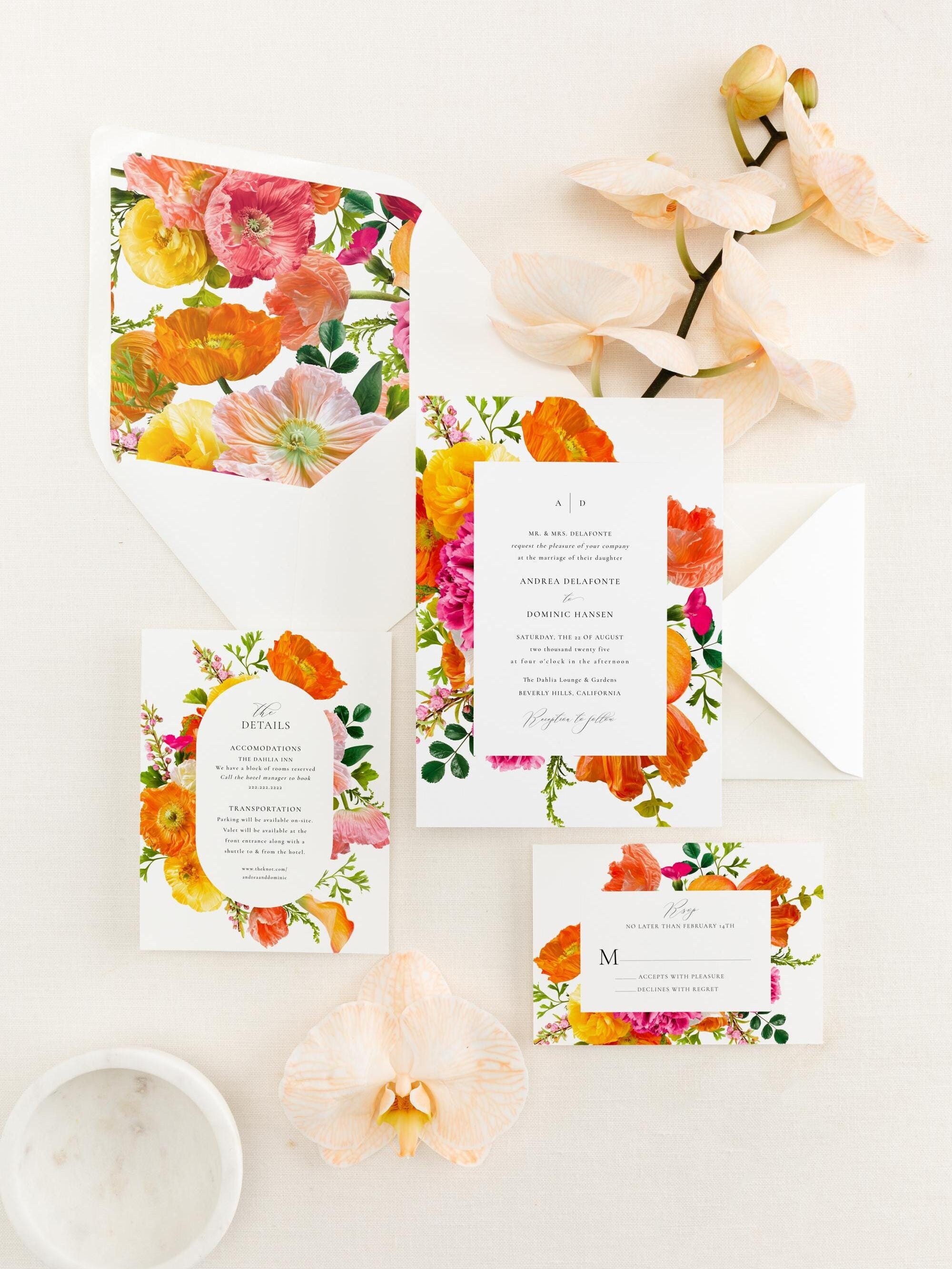 Editable Modern Poppy Meadow Floral Citrus Wedding Suite Invitation Template | RSVP Card Info 3 Piece Printable | Templett Instant Download