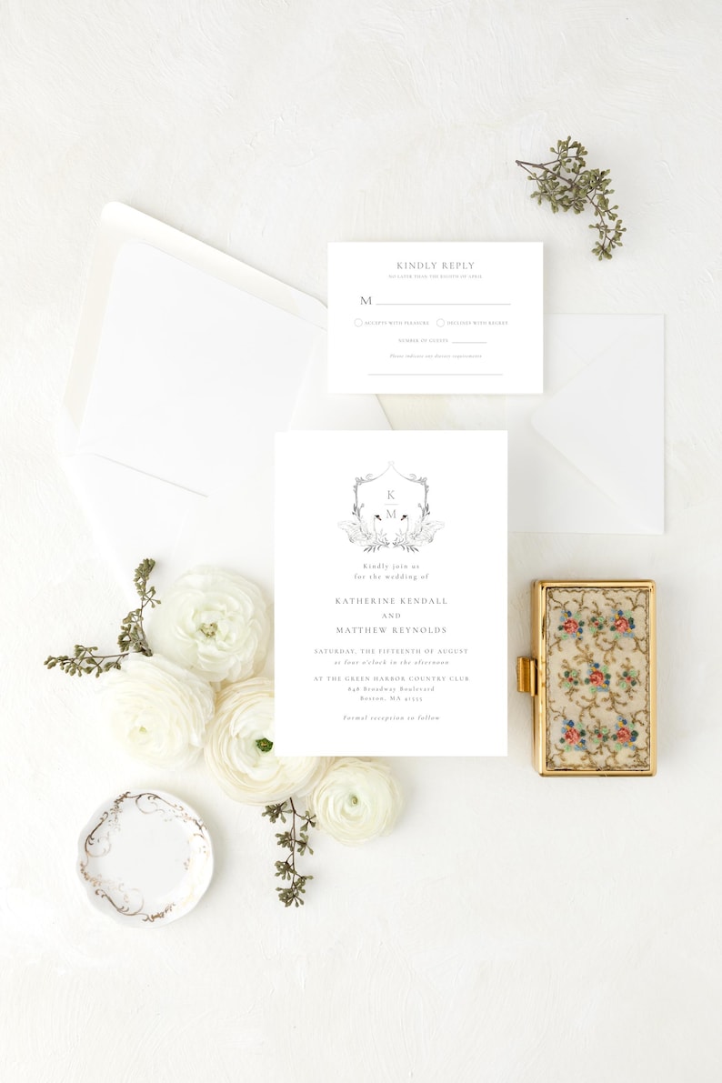 Modelo de convite para suíte de casamento com monograma e brasão do CISNE BRANCO editável | Informações do cartão RSVP com código QR, 3 peças para impressão | Download instantâneo da Templett imagem 1