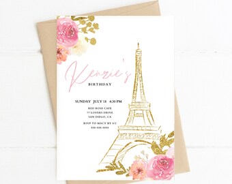 Pode incluir: Um convite branco com detalhes florais rosa e dourados. O convite apresenta um esboço da Torre Eiffel e o texto "Kenzie's Birthday" em escrita rosa. Os detalhes do convite incluem a data, a hora, o local e as informações de RSVP.