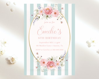 Editable French Inspired Floral Parisian Pinstripe Birthday Invitation | Paris Floral Invite | Girls Birthday Party | Canva Invite Template