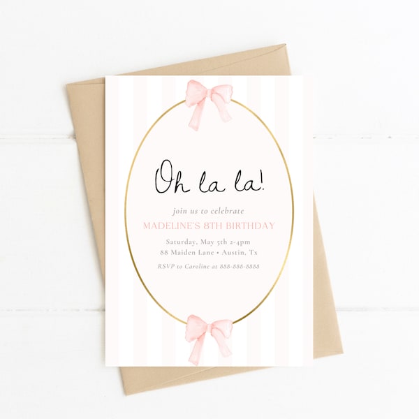 Ooh La La Parisian Pinstripe Bows Birthday Invitation | Paris France Invite | Girls Birthday Party | Canva Invite Template