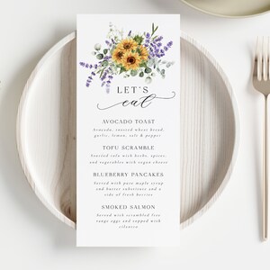 Plantilla de menú de evento de menú de brunch con ramo de girasol editable, Menú imprimible floral de flores 4 x 9, Descarga instantánea Templett