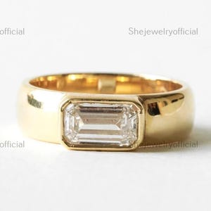 Women&#39;s Ring 14k Yellow Gold 1.10 CT Emerald Cut Moissanite Solitaire Anniversary Bezel Set Wide Band