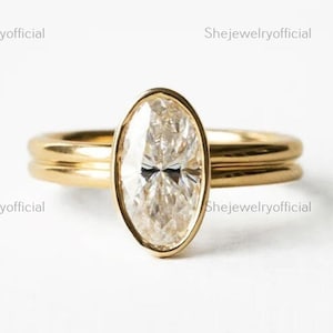 14k Gold Oval Moissanite Engagement Ring Bezel Set Colorless Stone Wedding Proposal Anniversary Gift