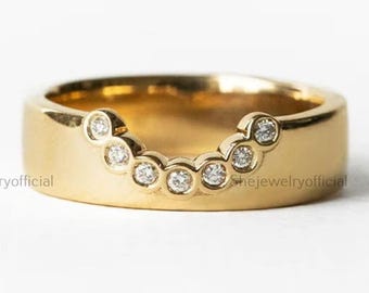 14k Solid Gold Moissanite Diamond Ring for Women Deep Curve Thick Band Pave Stack U-Shaped Chevron Bridal Enhancer