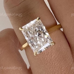 Art Deco 3.80 CT Crushed Ice Radiant Cut Moissanite Solitaire 14k Solid Yellow Gold Hidden Halo Bridal Ring 4 Claw Prong Statement Ring/Gift