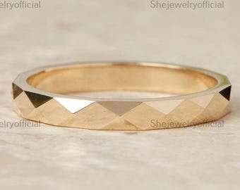 14k Solid Gold Faceted Wedding Band | Geometric Unisex Gold Ring, Minimalist Anniversary Jewelry