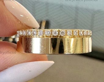 14K Gold Pave Wedding Band, Minimalist Diamond Eternity Ring, Flat Women’s Marriage Band