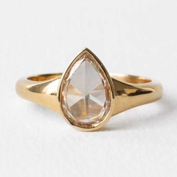 Minimal 2 CT Pear Rose Cut Solitaire Ring-Pear Cut Moissanite Ring-14k Solid Yellow Gold Wedding Ring-Handmade Bezel Set Ring-Trend Setter
