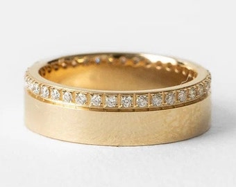 14K Yellow Gold Engagement Band, Unique Cigar Band with Flush Diamond, Wide Thick Wedding Ring, Perfect Anniversary Gift