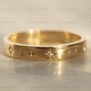 14k Gold Diamond Star Wedding Band, Celestial Eternity Ring
