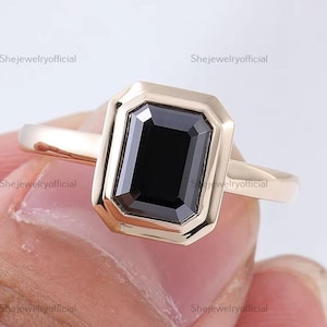 Emerald Cut Black Diamond Ring: 14K Yellow Gold Statement Engagement