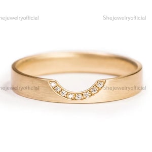 14k Gold Cigar Wedding Band, U Shaped Ring, Bezel Diamond Unique Band, Unique 4mm Wide Cut Out Design Womens Thick Wedding Band Chevron Ring