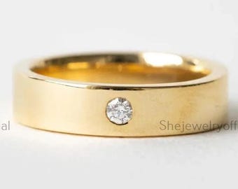 14K Yellow Gold Diamond Band Unisex Solid Gold Ring with Single Diamond  for Wedding, Engagement, Anniversary, Unique Gift