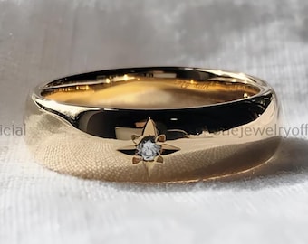 Flush Set Men's Wedding Band with Beveled Edges, 6 mm Solid Gold Diamond Wedding Ring