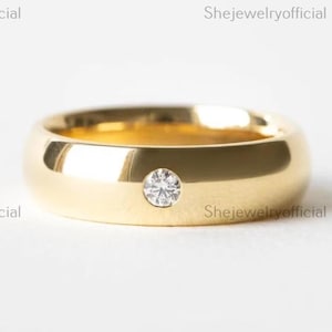 14K Yellow Gold Diamond Band: Rounded Dome Wedding Ring