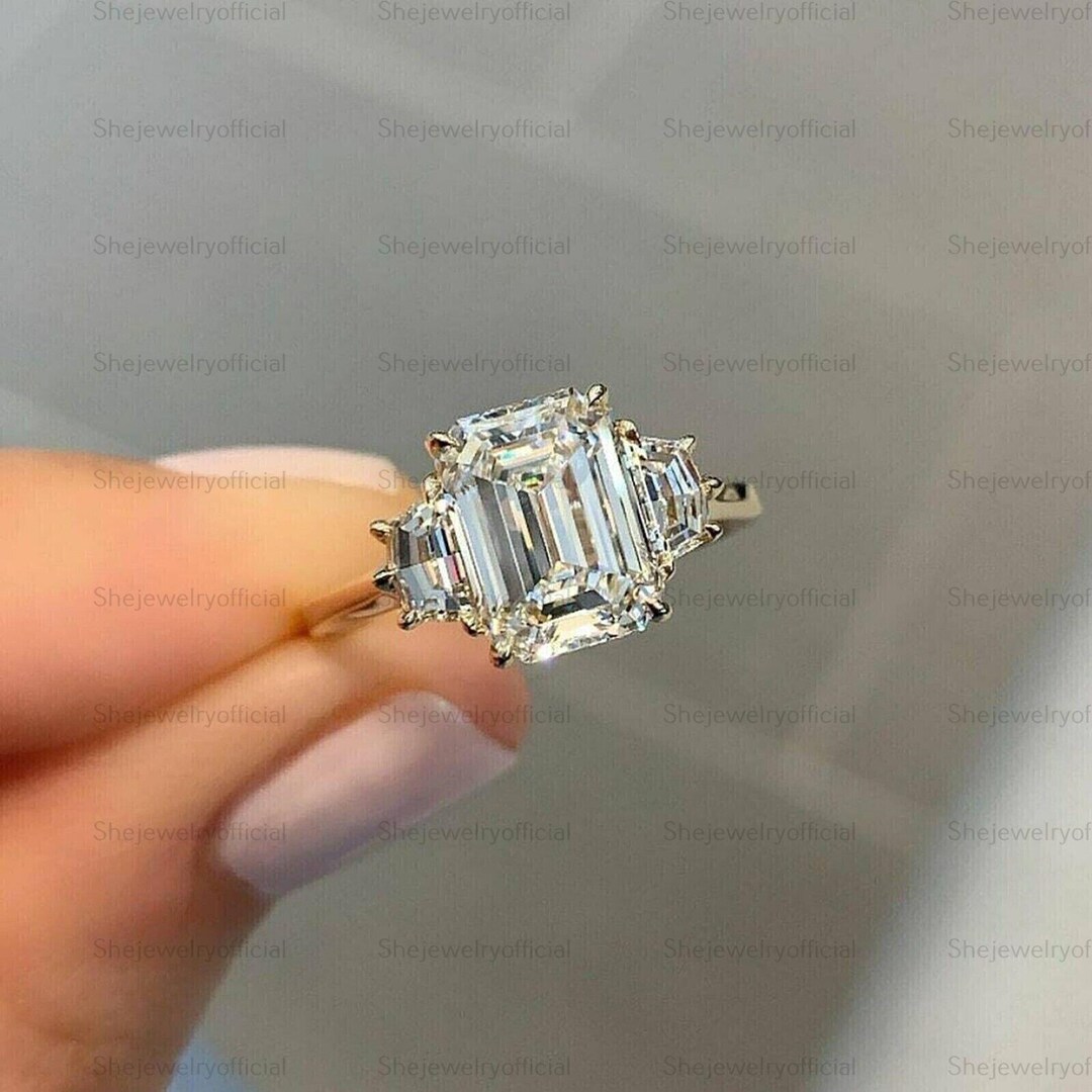 3CT Emerald Cut Lab Grown Diamond Ring, 14K Gold Three Stone Ring ...