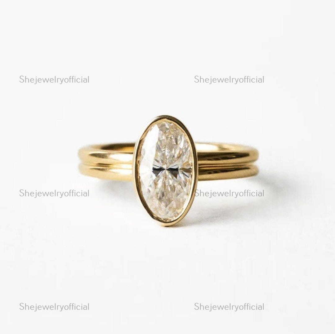 14k Gold Oval Moissanite Engagement Ring Bezel Set Colorless Stone ...