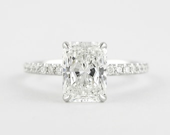 3.15 Ct Radiant Cut Engagement Ring, 14K White Gold Moissanite Engagement Ring with Diamonds, Hidden Halo Engagement Ring