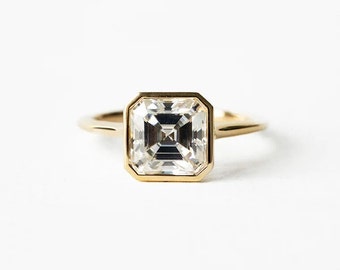 3Ct Asscher Cut Moissanite Engagement Ring, Handmade Bezel Set Solitaire, Perfect for Wedding & Anniversary Gift