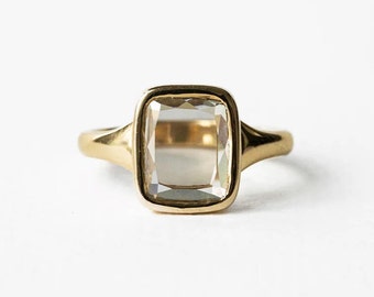 14K Yellow Gold Solitaire Ring, Featuring Portrait Cut Moissanite Diamond, Ideal for Eco-Conscious Engagements, Unique Birthday Surprise